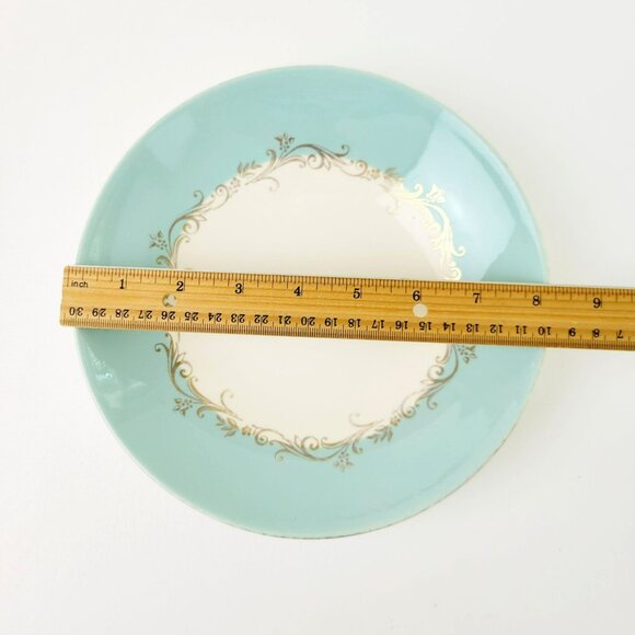 Lifetime China Homer Laughlin Soup Bowl Gold Crown Aqua Boarder Gold Scrolls MCM - Picture 9 of 13